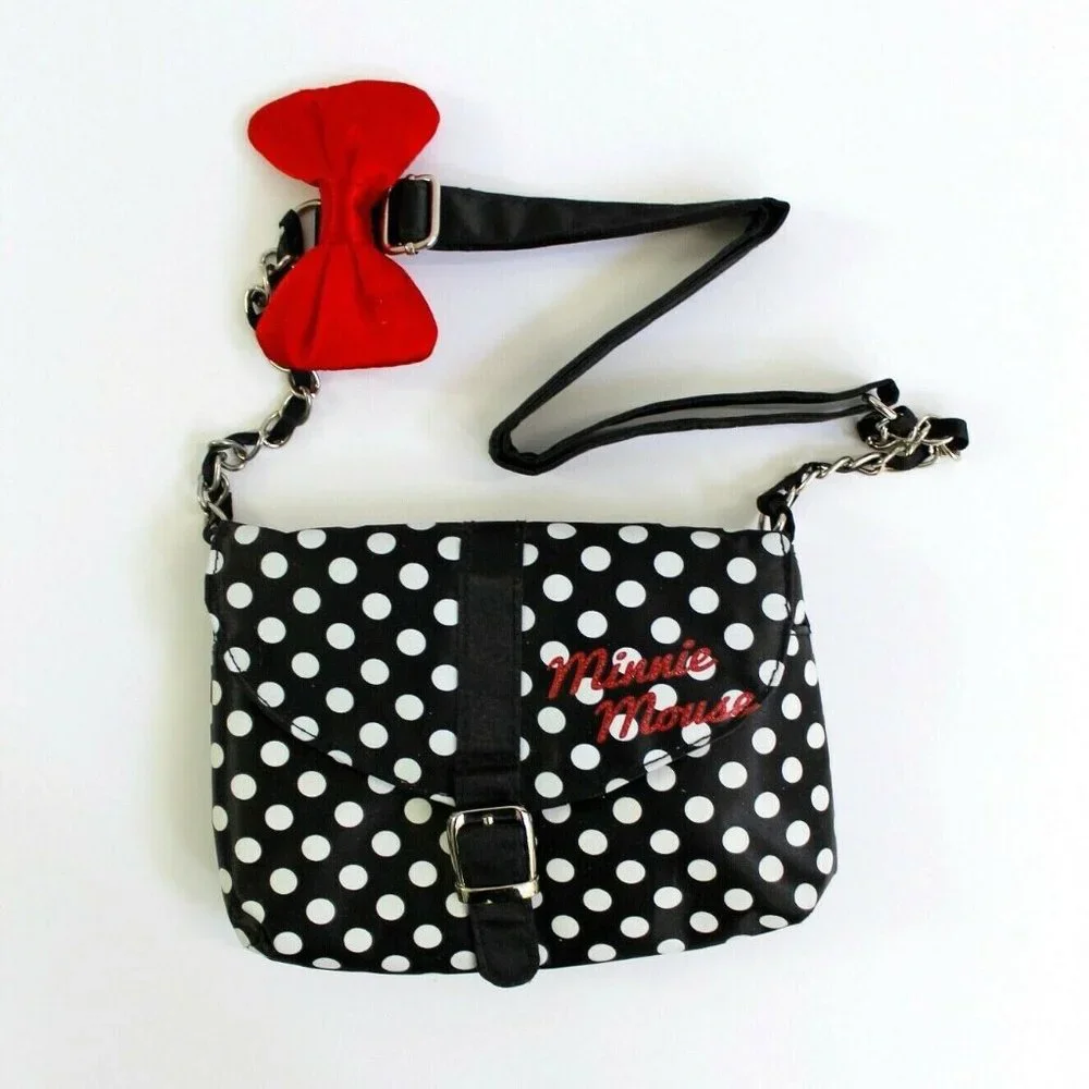Disney Minnie Mouse Polkadot Bow Chain Fabric Strap Mini Bag Purse Black